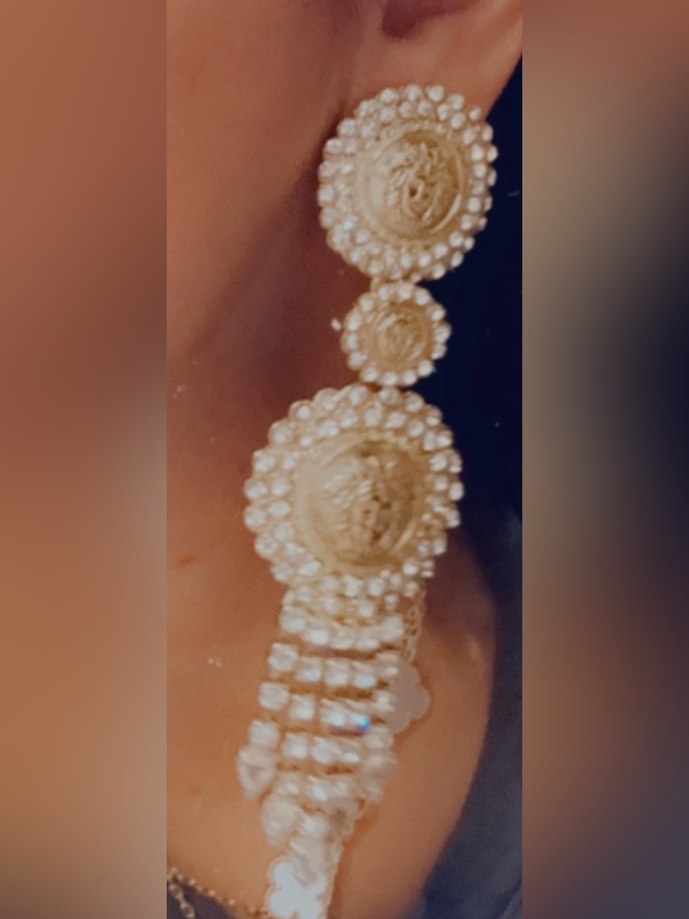 Versace Gold and Pearl Medallion Drop Earrings